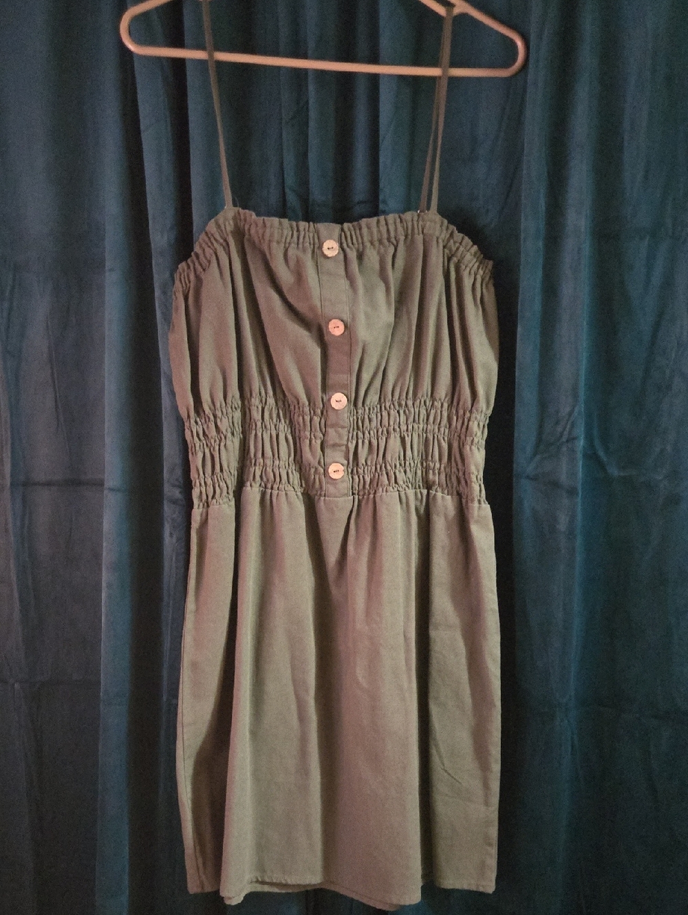 Ci Sono Olive Green Smocked Button-Front Mini Dress